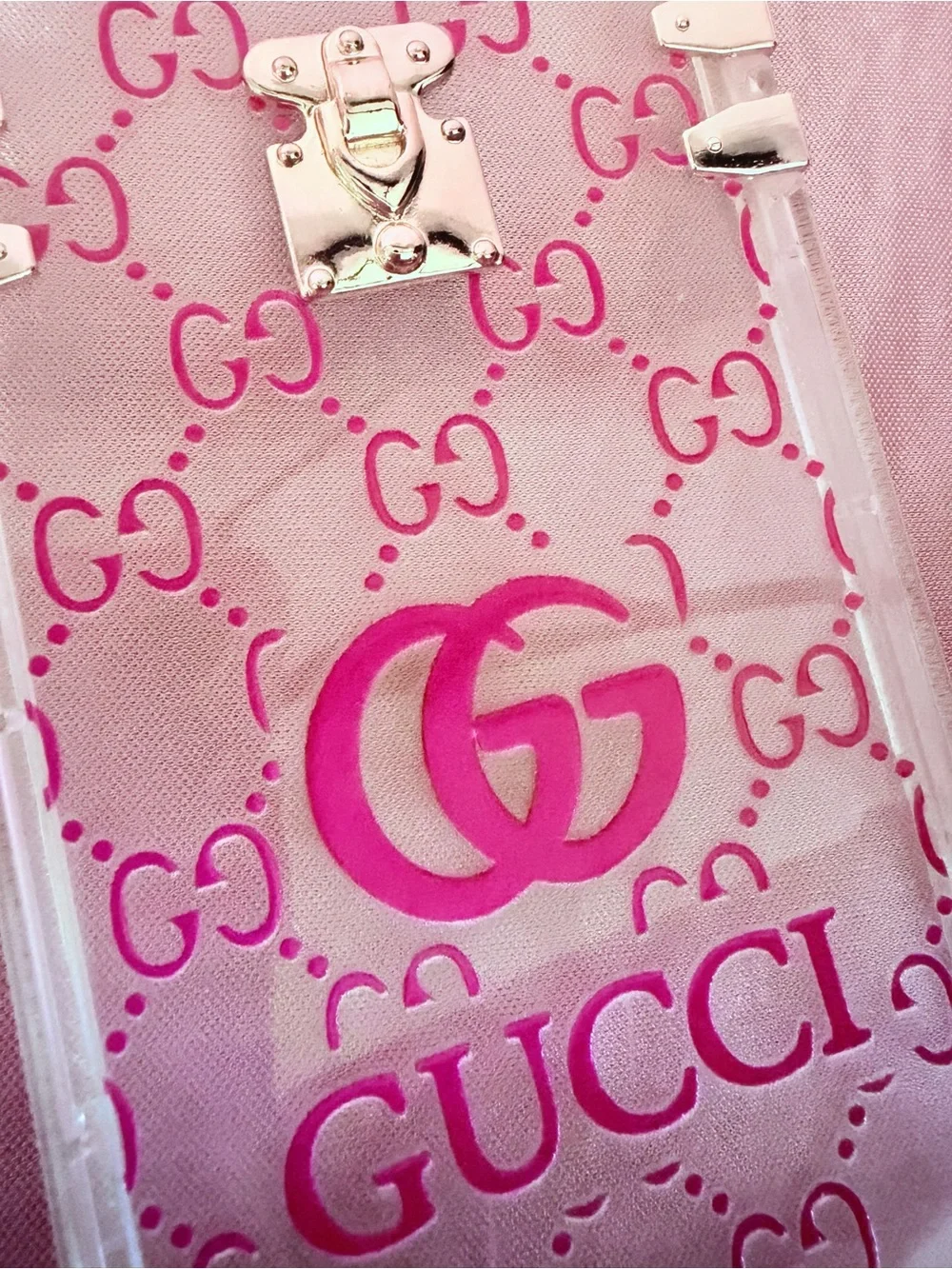 Gucci Logo Pattern Clear/Pink Phone Case with Golden Accents — iPhone 6,7,8 PLUS